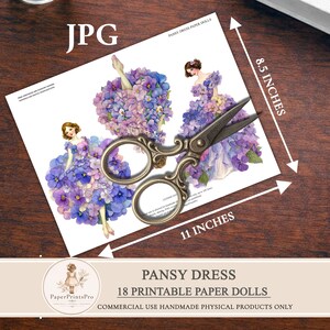 Printable paper dolls with pansy flower dress, floral ephemera for junk journal, vintage style paper doll clipart, fussy cuts for scrapbooking, detailed pansy petals gown, soft purple blue tones, printable cutout dolls for crafts, high resolution artwork by PaperPrintsPro
