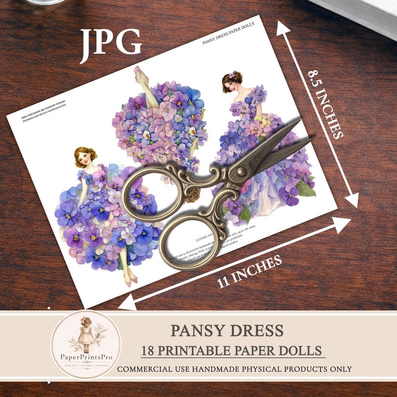 Printable paper dolls with pansy flower dress, floral ephemera for junk journal, vintage style paper doll clipart, fussy cuts for scrapbooking, detailed pansy petals gown, soft purple blue tones, printable cutout dolls for crafts, high resolution artwork by PaperPrintsPro