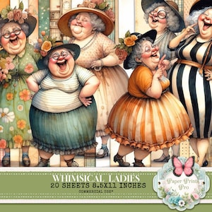 SET1.Whimsical Old Ladies Junk Journal Pages - Set of 20 Funny Quirky Designs for Scrapbooking
