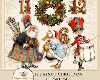 12 Days of Christmas Clipart PNG, Printable Tags Cards Baubles Decoupage Ephemera Digital Download