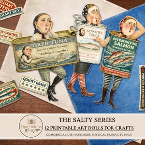 Printable paper dolls set by PaperPrintsPro featuring 12 vintage fish character dolls inspired by retro sardine tins. Includes expressive illustrated paper dolls, vintage advertising ephemera labels, and decorative background papers. Designed for printing and cutting, ideal for junk journals, scrapbooking, handmade paper crafts, and mixed media projects. Digital download only.
