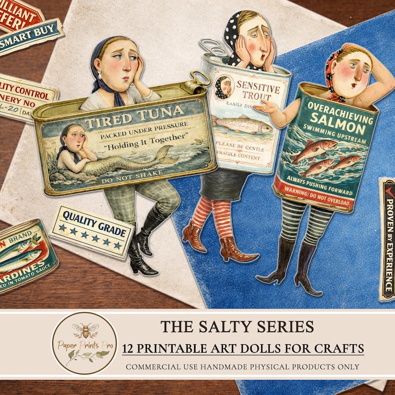 Printable paper dolls set by PaperPrintsPro featuring 12 vintage fish character dolls inspired by retro sardine tins. Includes expressive illustrated paper dolls, vintage advertising ephemera labels, and decorative background papers. Designed for printing and cutting, ideal for junk journals, scrapbooking, handmade paper crafts, and mixed media projects. Digital download only.