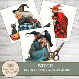 Vintage Witch Clipart | 12 Bright Printable Witches | 12x12" JPG | Halloween, Junk Journal, Crafts