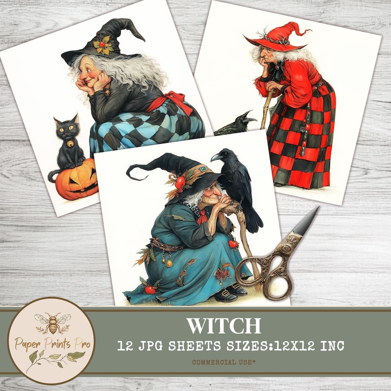 Vintage Witch Clipart | 12 Bright Printable Witches | 12x12" JPG | Halloween, Junk Journal, Crafts