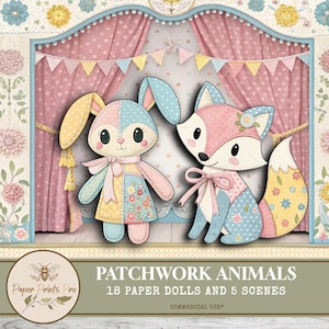 Printable Animal Paper Dolls – Patchwork Doll Set with 18 Dolls and 5 Scenes – PaperPrintsPro
