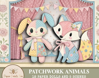 Printable Animal Paper Dolls – Patchwork Doll Set with 18 Dolls and 5 Scenes – PaperPrintsPro