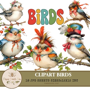 Printable Vintage Birds Clipart – Whimsical Illustrated Birds 12x12 Inch Digital Paper for Scrapbook & Junk Journal Pages PaperPrintsPro