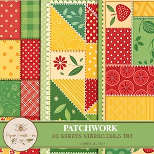 Patchwork Scrapbook Digital Paper - 20 Sheets in Green, Red, and Yellow - 11x8.5 Inches