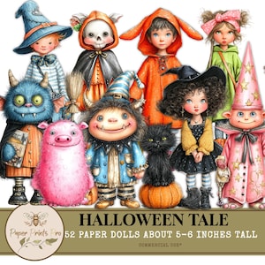 Halloween Paper Dolls – Printable Witch, Monster & Pumpkin Clip Art (Digital Download)