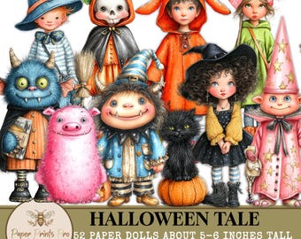 Halloween Paper Dolls – Printable Witch, Monster & Pumpkin Clip Art (Digital Download)