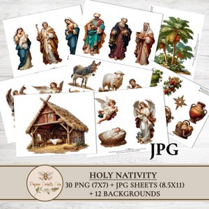 Holy Nativity clipart set with 30 PNG figures and matching JPG print sheets plus 12 backgrounds. Includes Holy Family, wise men, shepherds, angels, animals and Bethlehem star in vintage illustration style. Perfect printable ephemera for Christmas crafts, junk journal, card making and papercraft. Digital download by PaperPrintsPro.