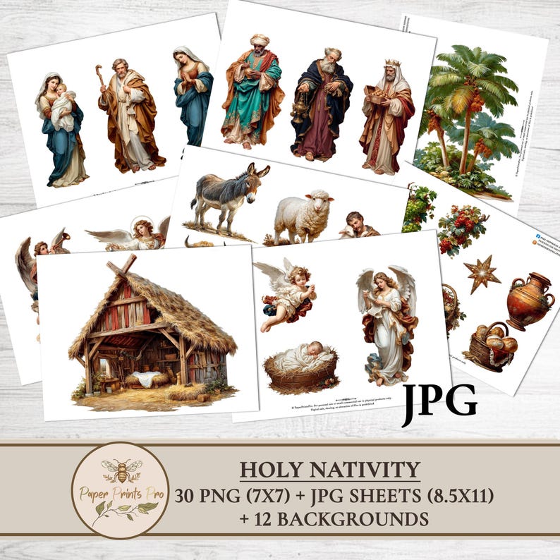 Holy Nativity clipart set with 30 PNG figures and matching JPG print sheets plus 12 backgrounds. Includes Holy Family, wise men, shepherds, angels, animals and Bethlehem star in vintage illustration style. Perfect printable ephemera for Christmas crafts, junk journal, card making and papercraft. Digital download by PaperPrintsPro.
