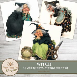 Vintage Witch Clipart | 12 Bright Printable Witches | 12x12" JPG | Halloween, Junk Journal, Crafts