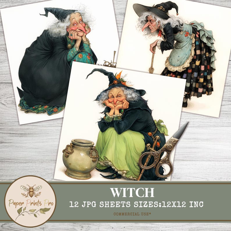 Vintage Witch Clipart | 12 Bright Printable Witches | 12x12" JPG | Halloween, Junk Journal, Crafts