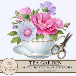Printable Tea Cup Flower Clipart Set – Vintage Floral Teacups, Junk Journal Art, Pastel Botanical Bouquet – by PaperPrintsPro