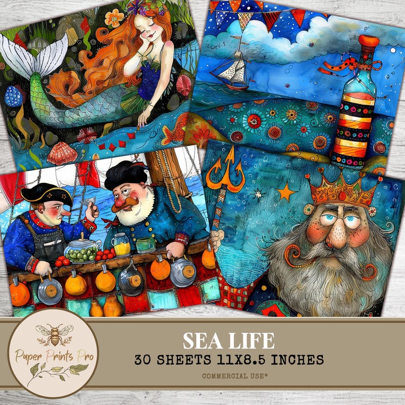 Set of 30 printable sea-themed illustrations (plus 1 bonus), featuring mermaids, pirates, ships, lighthouses, sea animals, and ocean scenes. Designed in a whimsical, colorful storybook style. Ideal for junk journals, card making, kids crafts, wall art, classroom decor, and DIY creative projects. High-resolution JPG files, 11x8.5 inches, ready to print.