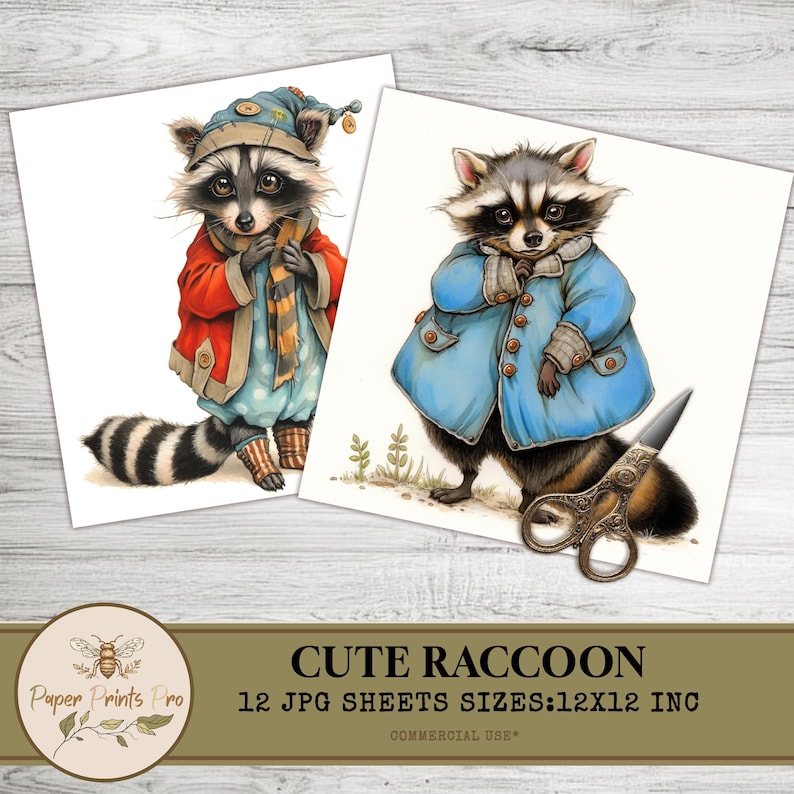 Cute Raccoon Clipart, Vintage Animal Illustration, 12 JPG Images, 12x12 Inch, for Scrapbooking & Crafts -Clip Art Paper Prints Pro