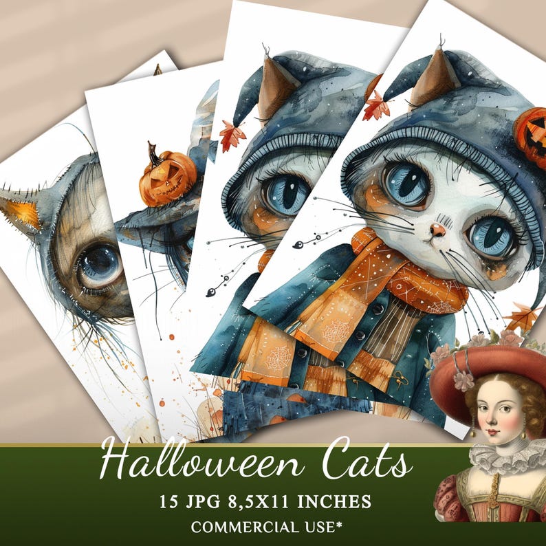 Watercolor Halloween Cats Clipart Collection, 15 JPG  Halloween Clipart, Cute Halloween Animals Clipart