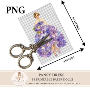 Printable paper dolls with pansy flower dress, floral ephemera for junk journal, vintage style paper doll clipart, fussy cuts for scrapbooking, detailed pansy petals gown, soft purple blue tones, printable cutout dolls for crafts, high resolution artwork by PaperPrintsPro