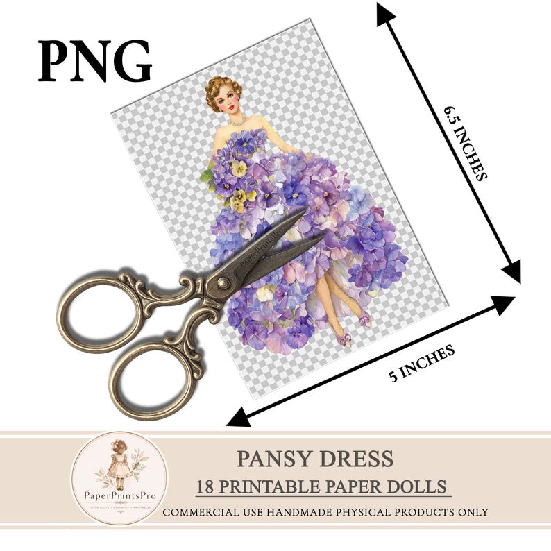 Printable paper dolls with pansy flower dress, floral ephemera for junk journal, vintage style paper doll clipart, fussy cuts for scrapbooking, detailed pansy petals gown, soft purple blue tones, printable cutout dolls for crafts, high resolution artwork by PaperPrintsPro