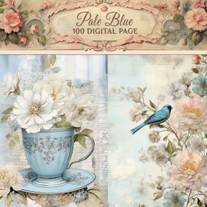 Scrapbook images - Pale blue pages Junk Journal, decoupage paper A4 , images for albums, , shabby chic, vintage, feminine and soft
