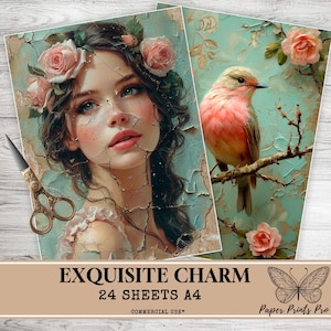 Scrapbooks supplies Junk Journal Kit - 24 Vintage Decoupage Papers - BIRD Ephemera  Rose and Woman  Scrap Supplies - Digital