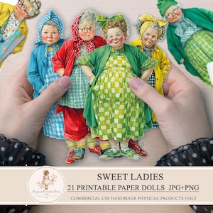 May include: A collection of paper dolls featuring elderly women in various outfits. The dolls are dressed in colorful clothing, including dresses, coats, and headscarves. The text "SWEET LADIES" and "21 PRINTABLE PAPER DOLLS" is visible.