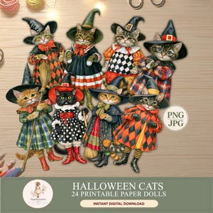 Halloween cat paper dolls: 24 printable black, tabby and ginger cats dressed as witches in colorful vintage Halloween costumes with hats, brooms, pumpkins and bows. Instant digital download includes high-resolution PNG files with transparent backgrounds and JPG printable sheets, ideal for Halloween crafts, junk journals, scrapbooking, card making and fussy cutting.