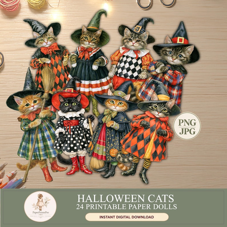 Halloween cat paper dolls: 24 printable black, tabby and ginger cats dressed as witches in colorful vintage Halloween costumes with hats, brooms, pumpkins and bows. Instant digital download includes high-resolution PNG files with transparent backgrounds and JPG printable sheets, ideal for Halloween crafts, junk journals, scrapbooking, card making and fussy cutting.