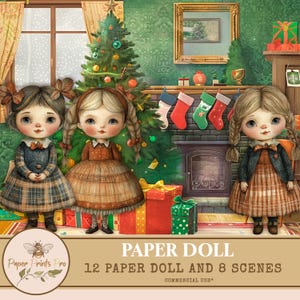 12 Vintage Paper Dolls for Crafts and Holiday Play – Printable Christmas Set with Theater Backgrounds