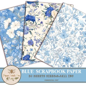 Blue Floral Scrapbook Paper – 30 Printable Digital Papers for Journals and Crafts – PaperPrintsPro