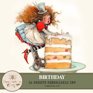 Vintage Birthday Clipart - 12 Digital JPG - Whimsi Girls with Cakes  Printable   for Cards, Scrapbooking, and DIY Projects -PaperPrintsPro