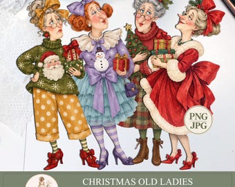 Weihnachtspapierpuppen zum Ausdrucken, Oma-PNG, Cliparts älterer Damen, Junk Journal mit aufwendigen Ausschnitten | PaperPrintsPro