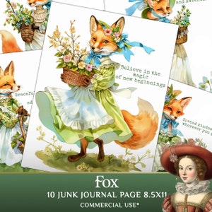 Junk Journal page with Victorian fox and quotes -scrapbooking paper- for cards and other crafts