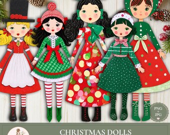 Christmas Paper Dolls, Printable Holiday Girls, Christmas Clipart PNG, Junk Journal Ephemera, PaperPrintsPro