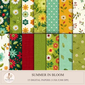 Puede incluir: Una colección de 15 papeles digitales titulados Summer in Bloom, con varios patrones florales, lunares y texturas sólidas en tonos verde, amarillo, rojo y blanco. Cada hoja mide 27,94 por 21,59 cm a una resolución de 300 DPI.