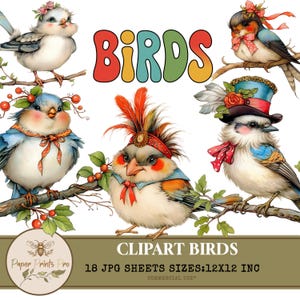 Vintage Birds Clipart: Whimsical 12x12 Inch Digital Paper (Digital Download)