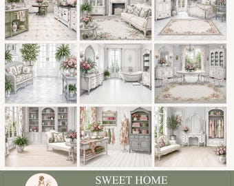 Shabby-Chic-Hintergründe, Cottagecore-Interieurs, florale Räume, digitale Hintergründe, Junk-Journal-Papiere, PaperPrintsPro