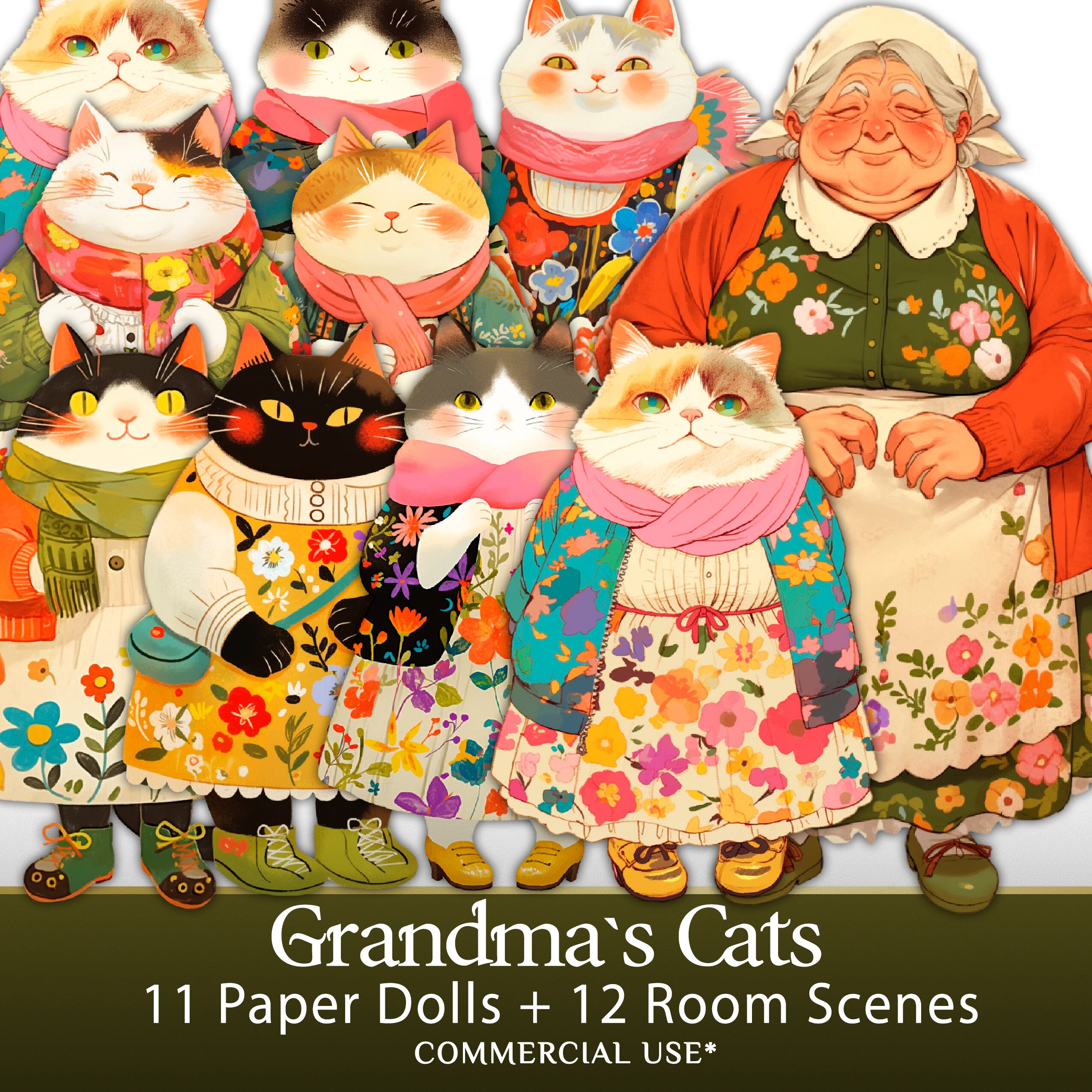 Cats Paper Doll Set: Grandma's Cats 11 Digital Paper Dolls &amp; 12 Scenes ...