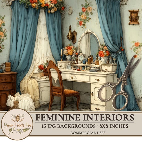 Vintage Paper Doll Backgrounds: Shabby Chic Interior Scenes (8x8" JPG Digital Download)