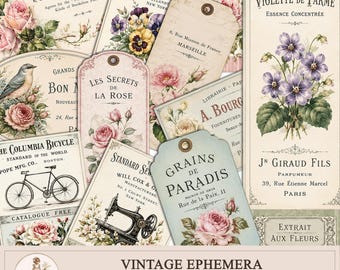 Printable Vintage Ephemera, Junk Journal Kit,  Journaling Tags, Cards,Bookmarks, Labels ,Digital Download, PaperPrintsPro