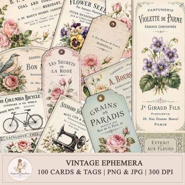 Printable Vintage Ephemera, Junk Journal Kit,  Journaling Tags, Cards,Bookmarks, Labels ,Digital Download, PaperPrintsPro