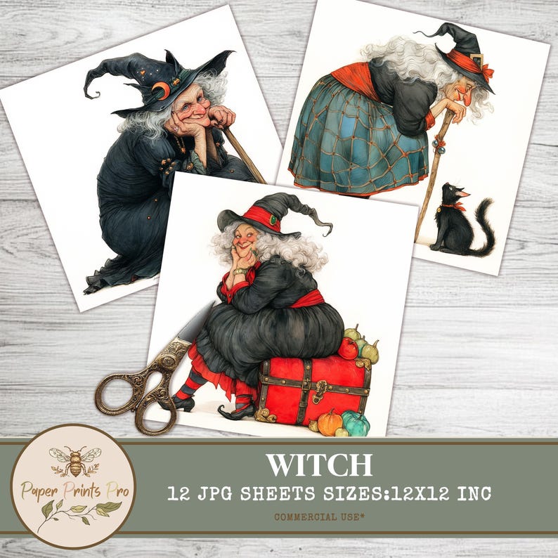 Vintage Witch Clipart | 12 Bright Printable Witches | 12x12" JPG | Halloween, Junk Journal, Crafts