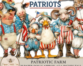 Animal Paper Dolls – Patriotic 4th of July Printable Ephemera for Scrapbooks and Journals – PaperPrintsPro