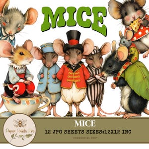 Cute Mice Clipart, Vintage Animal Illustration, 12 JPG Images, 12x12 Inch  for Scrapbooking & Crafts -Clip Art Paper Prints Pro