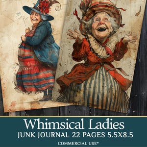 Whimsical Old Lady Journal Pages - 22 half page Funny Old Ladies - Quirky Grandy Clipart - PDF Download