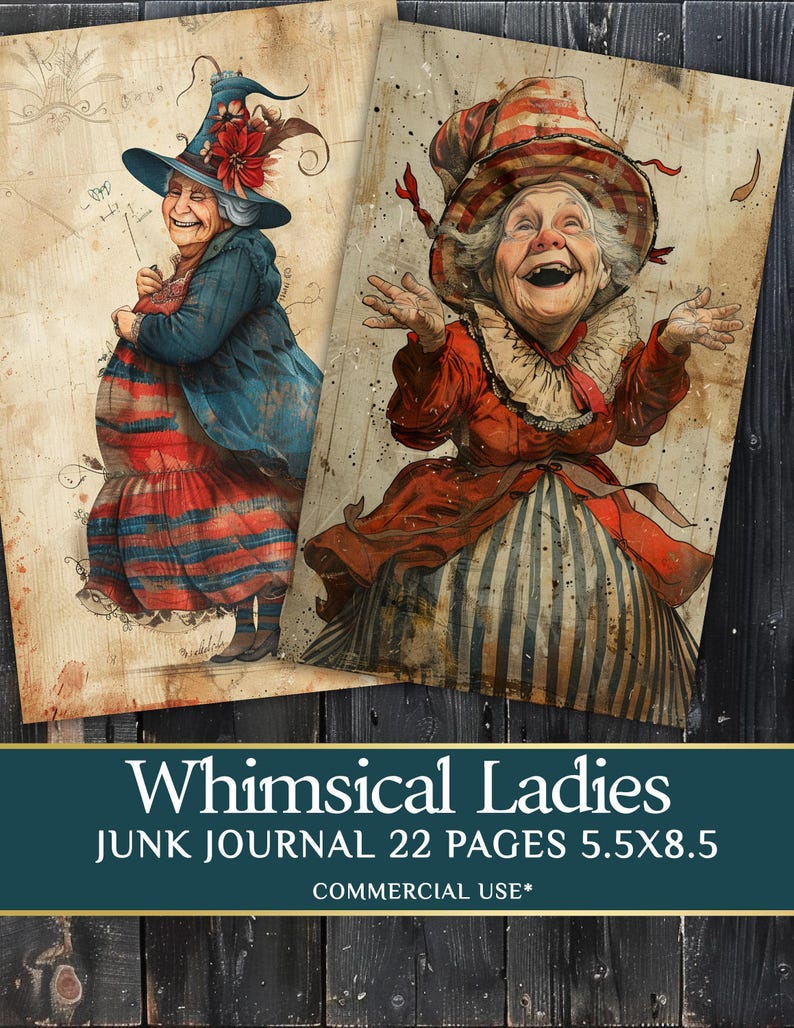 Whimsical Old Lady Journal Pages - 22 half page Funny Old Ladies - Quirky Grandy Clipart - PDF Download