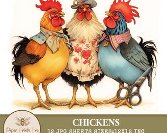 Funny Chickens Clipart: Farm Rooster & Hen Illustrations (Digital Download)