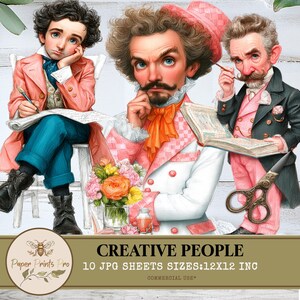 Victorian Artist Clipart, Cartoon Poets Writers Creators, Funny People JPG Bundle, Printable Characters, Creative People Set  12x12