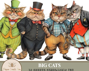Vintage Dressed Cats Clipart - 12 Digital Papers for Scrapbooking & Crafts-Clip Art PaperPrintsPro